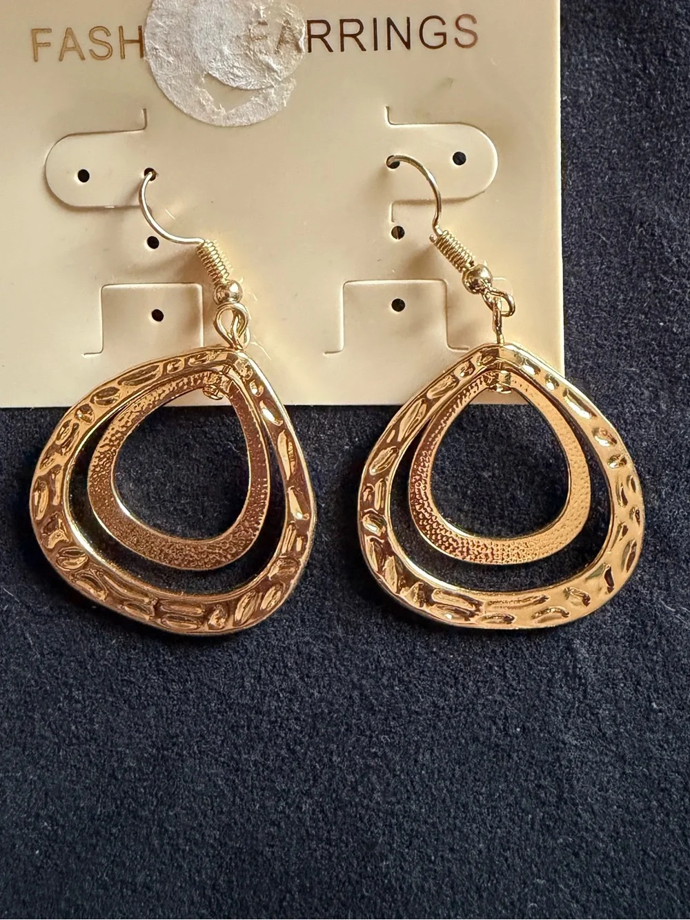 Gold Textured Double Hoop Dangle Earrings 2” Teardrop Lightweight Boho Chic